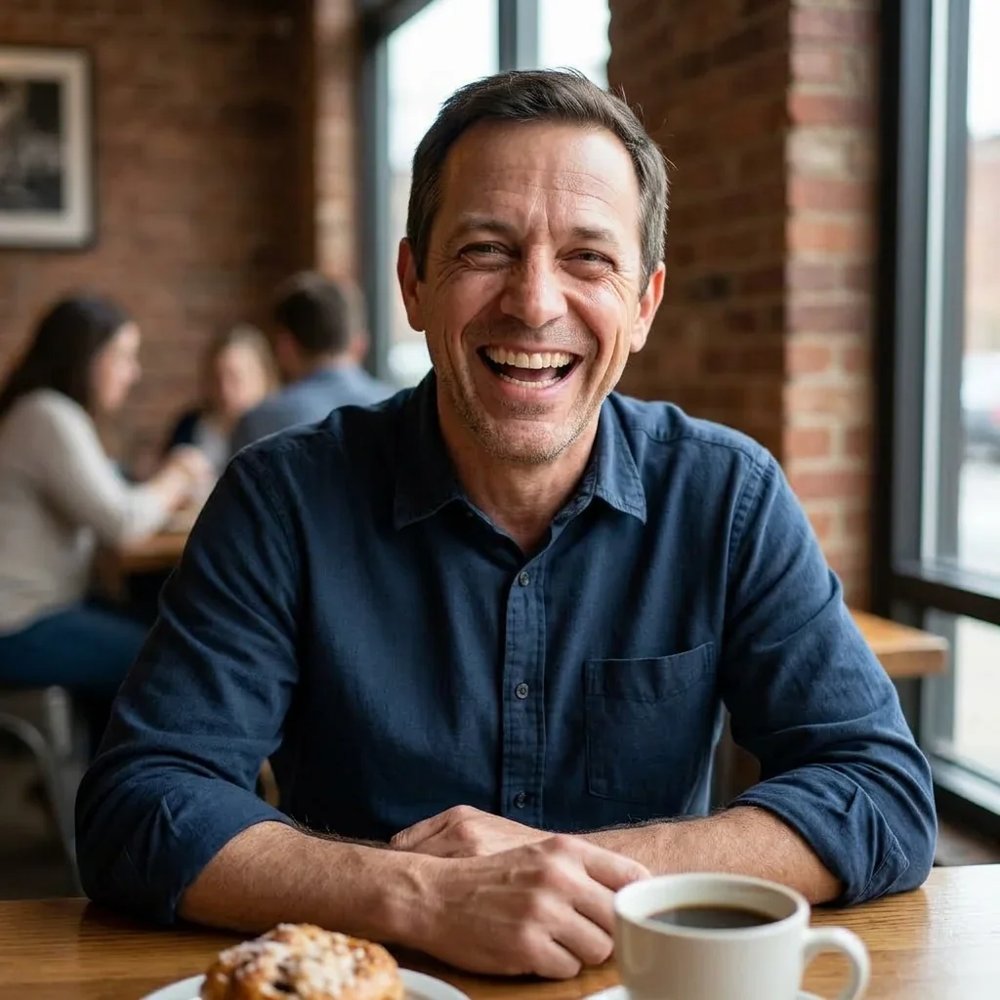 Smiling man at a café table with a coffee and pastry