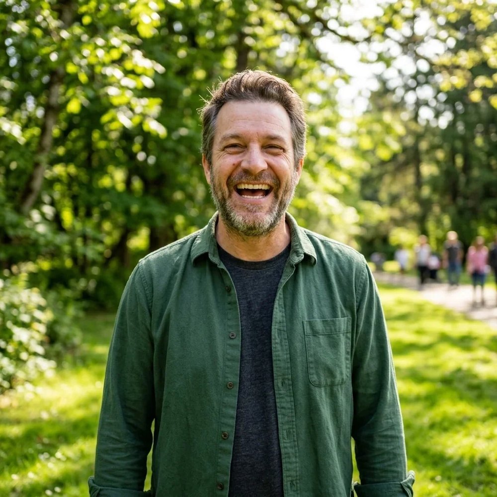 Smiling man in a green shirt standing in a sunny park