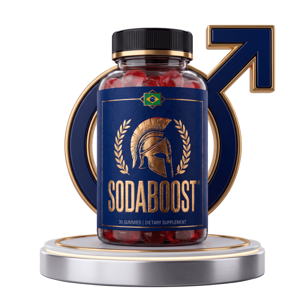 SodaBoost daily gummy bottle on a podium